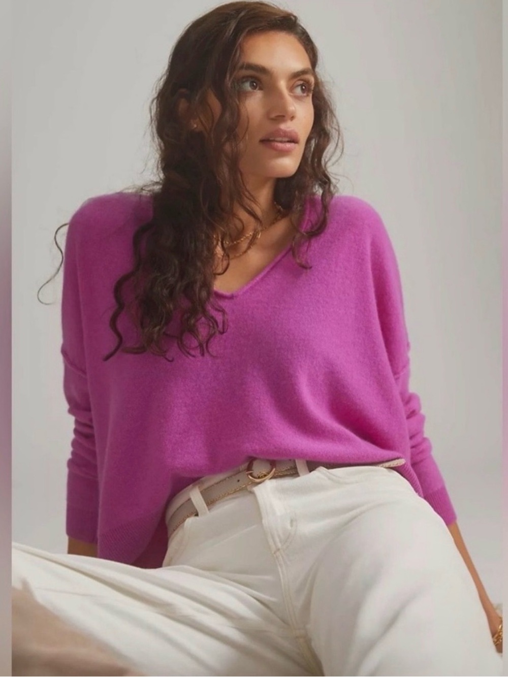 Anthropology Pilcro Valani Cashmere Relaxed V-Neck Crop Fuchsia Sweater Small